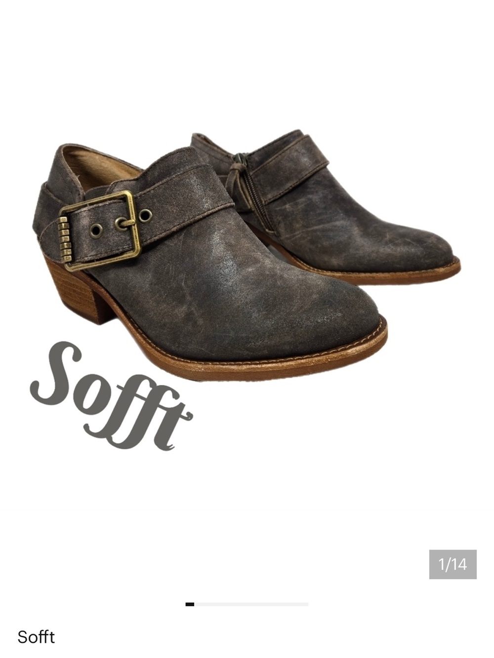 Sofft Waterproof Womens Low Booties Sz 8.5 M Gray Brown Suede Over Sized Buckle